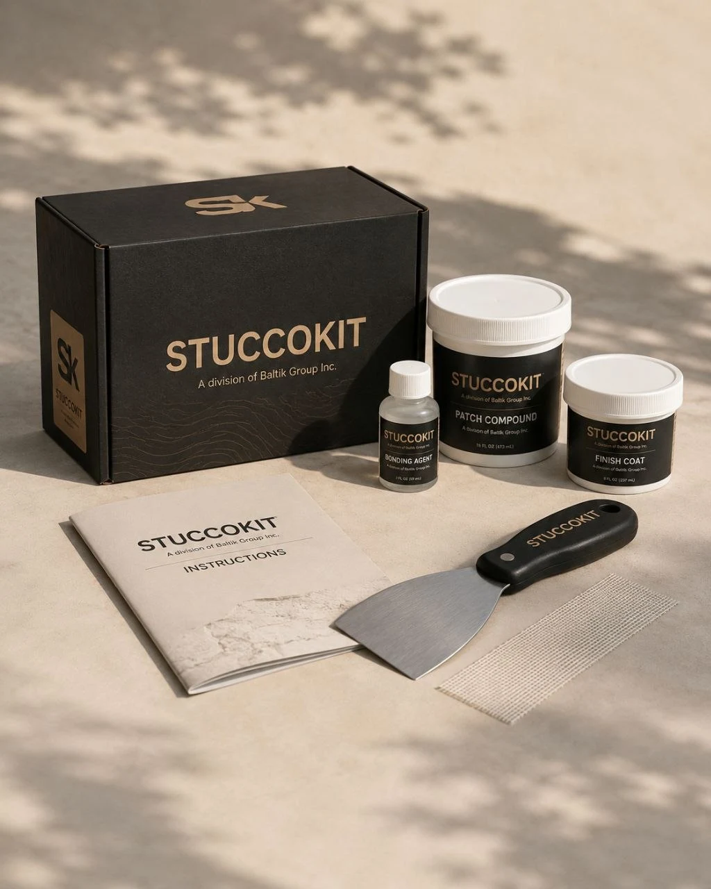 StuccoKit repair kit packaging and materials