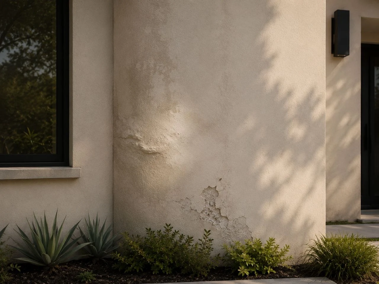 Stucco wall showing moisture damage that requires professional inspection